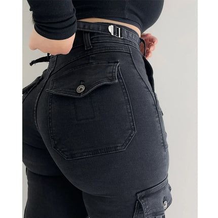 Women’s High-Waist Stretch Cargo Jeans with Multi-Pocket Design