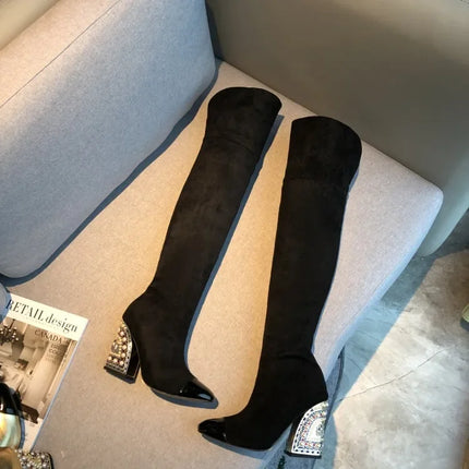 Rhinestone Cowhide Mid-Knee Heeled Boots