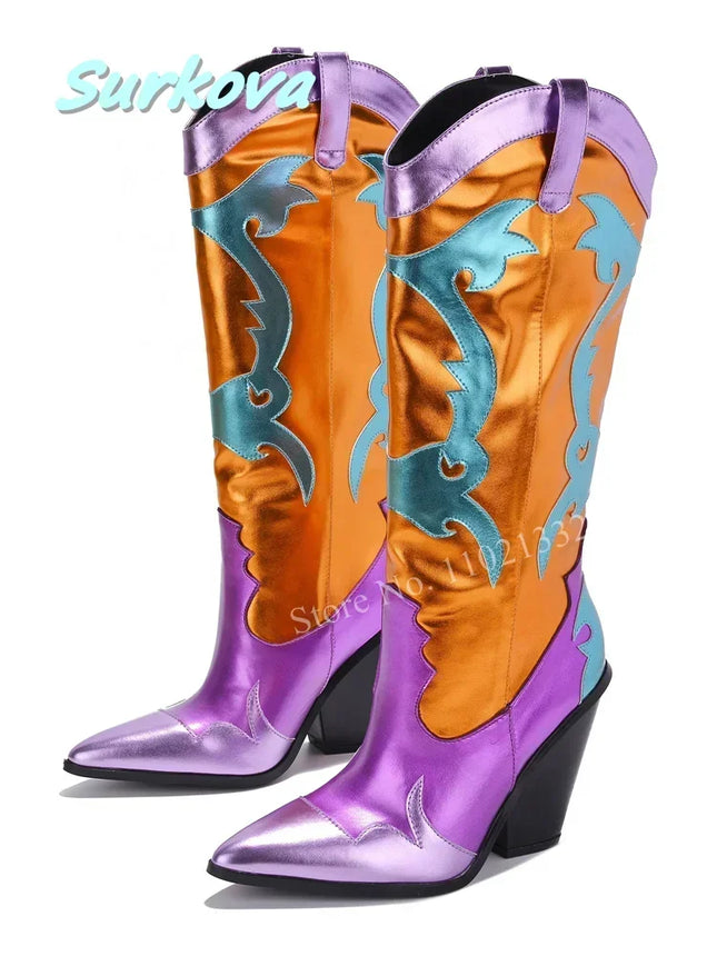 Women’s Retro Multicolor Mid-Calf Chunky Heel Boots