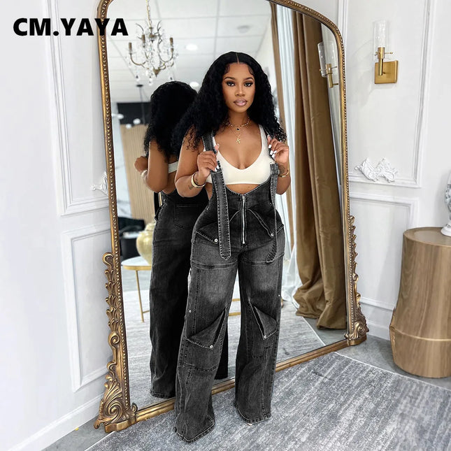 CM.YAYA Women’s Safari Style Wide-Leg Cargo Denim Overalls