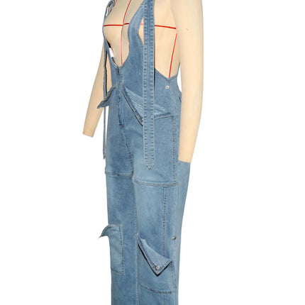 CM.YAYA Women’s Safari Style Wide-Leg Cargo Denim Overalls