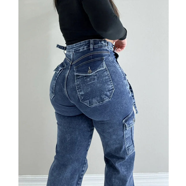 Women’s High-Waist Stretch Cargo Jeans with Multi-Pocket Design