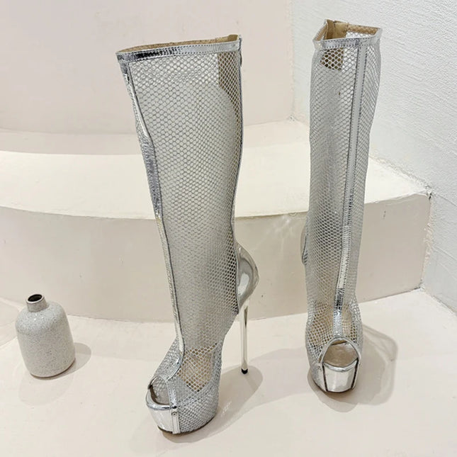 Liyke Women’s Gold Peep-Toe Mesh Platform Knee-High Boots