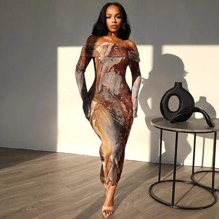 Y2K Off-Shoulder Bodycon – Sexy Printed Nightclub Dress