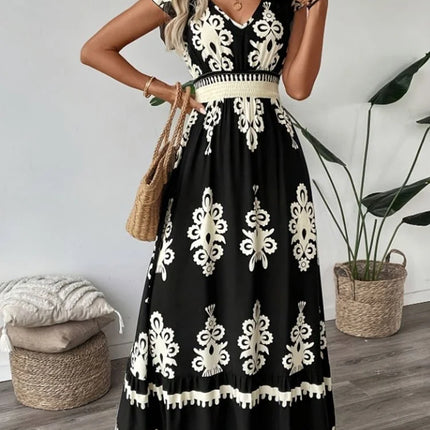 Elegant V-Neck Floral Geometric Dress – Vacation & Beachwear