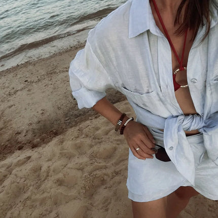 VEITCHE Linen Two-Piece Set – Long Sleeve Shirt & Mini Skirt Beachwear