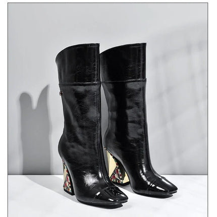 Rhinestone Cowhide Mid-Knee Heeled Boots