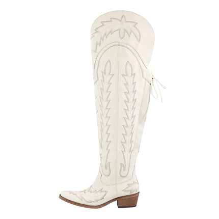 Onlymaker Women’s Red Thigh-High Embroidered Cowboy Boots