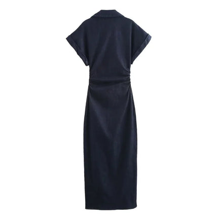 ETJ 2025 Denim Midi Dress – 1975 Retro Slim Fit with Lapel
