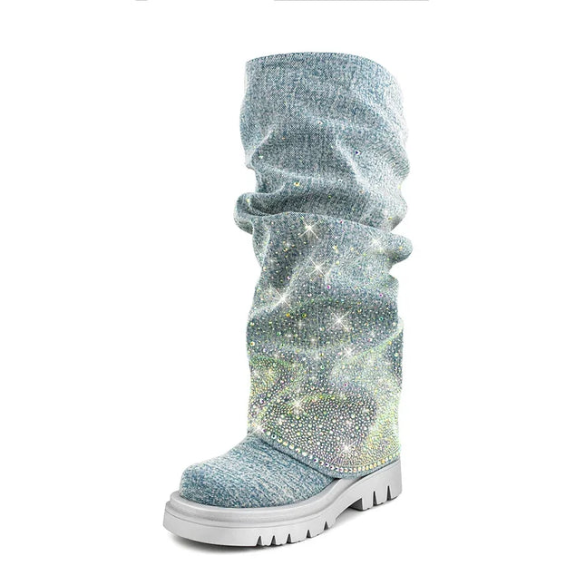 Women’s Blue Denim Pleated Platform Boots with Rhinestones
