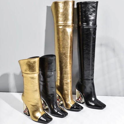 Rhinestone Cowhide Mid-Knee Heeled Boots