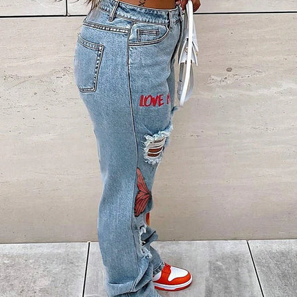 Women’s High-Waist Butterfly Print Ripped Straight Jeans