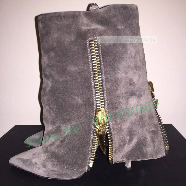 Women’s Gold Pointed-Toe Zipper Booties with Fold-Over Heels