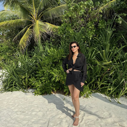 VEITCHE Linen Two-Piece Set – Long Sleeve Shirt & Mini Skirt Beachwear