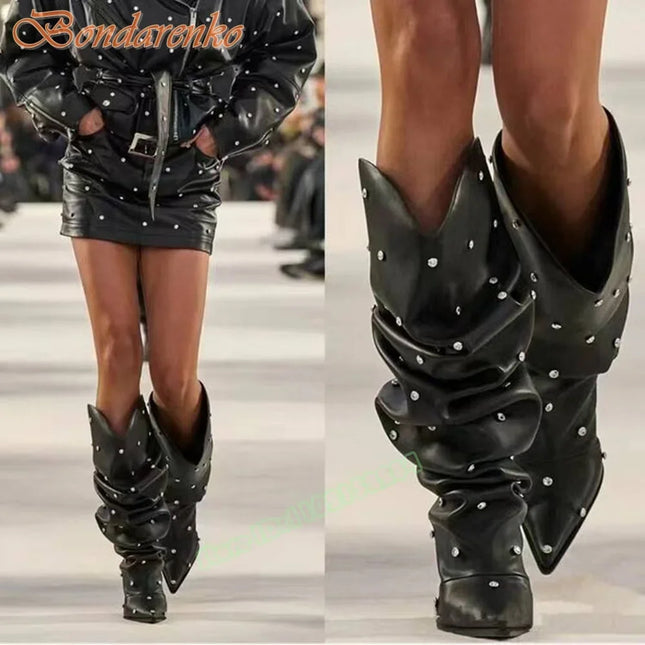 Women’s Crystal Pointed-Toe Pleated Knee-High Boots