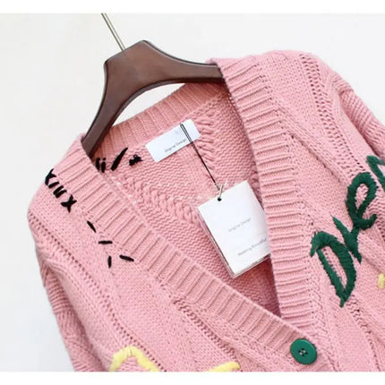 Women’s V-Neck Embroidered Patchwork Knit Cardigan