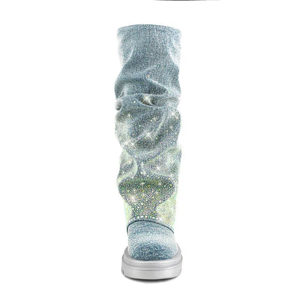 Women’s Blue Denim Pleated Platform Boots with Rhinestones