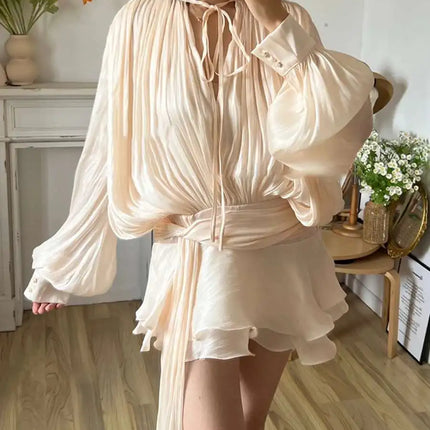 TWOTWINSTYLE V-Neck Mini Dress – Spliced Lace-Up Sweet Blouse