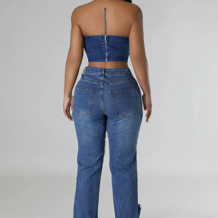 CM.YAYA Women’s Pearl Beaded Ripped Tassel Wide-Leg Jeans