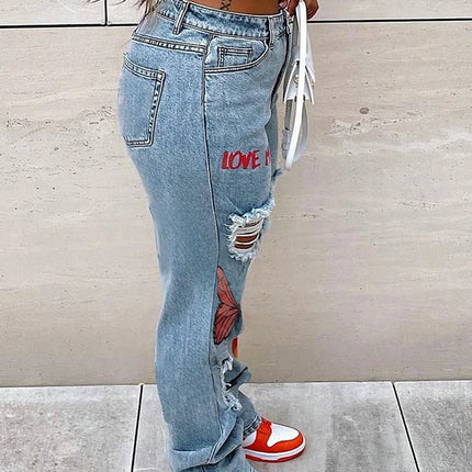 Women’s High-Waist Butterfly Print Ripped Straight Jeans