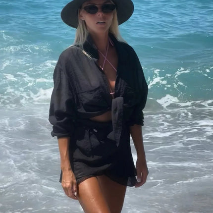VEITCHE Linen Two-Piece Set – Long Sleeve Shirt & Mini Skirt Beachwear