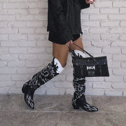 Onlymaker Women’s Wide-Calf Knee-High Embroidered Cowboy Boots