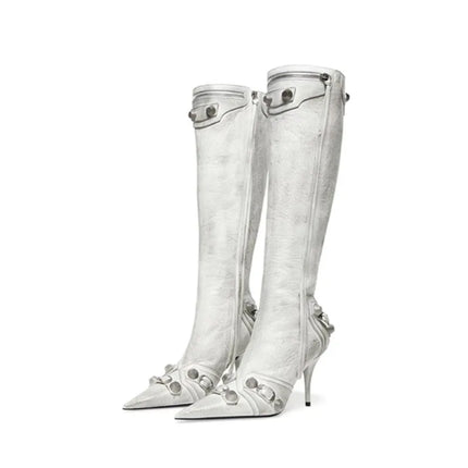 Women’s Pointed Rivet Tassel Knee-High Boots with Side Zip