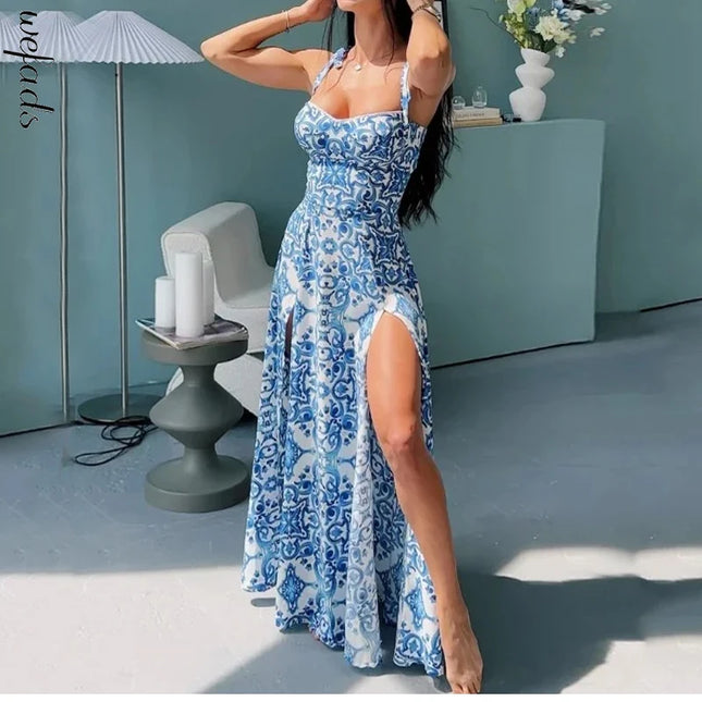Wefads Retro Porcelain Print Maxi – Sexy Tie-Up Backless Dress