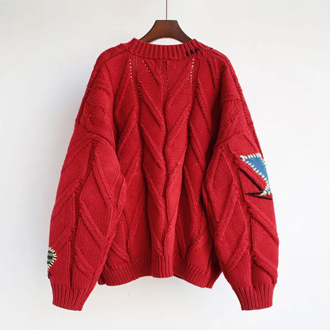 Women’s V-Neck Embroidered Patchwork Knit Cardigan