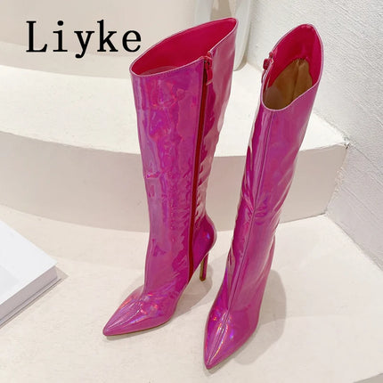 Liyke Women’s Green Patent Leather Knee-High Heels