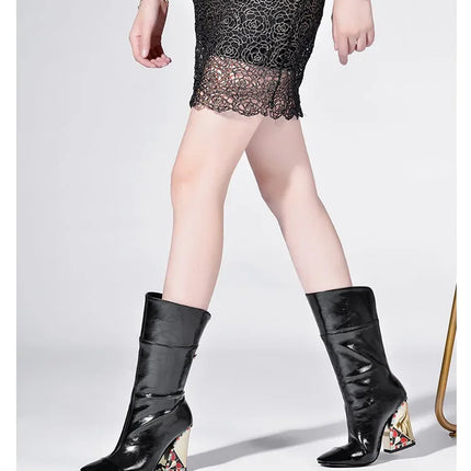 Rhinestone Cowhide Mid-Knee Heeled Boots