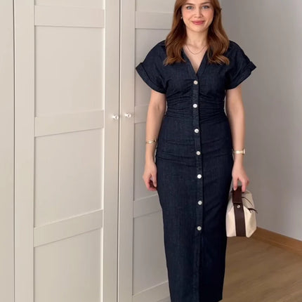 ETJ 2025 Denim Midi Dress – 1975 Retro Slim Fit with Lapel