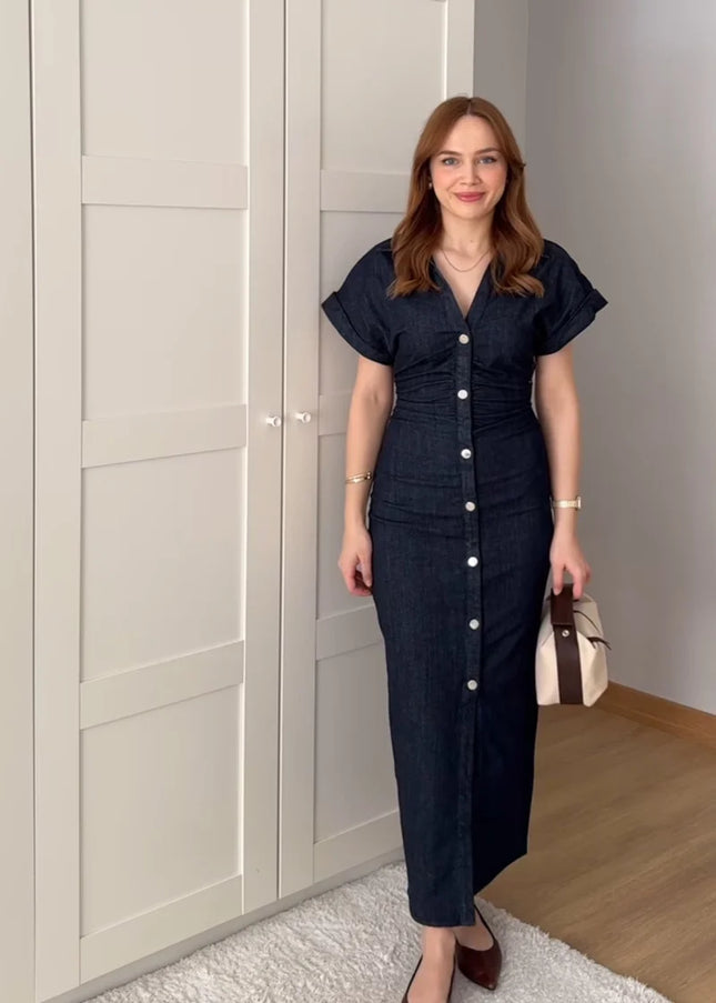 ETJ 2025 Denim Midi Dress – 1975 Retro Slim Fit with Lapel