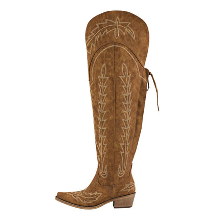Onlymaker Women’s Red Thigh-High Embroidered Cowboy Boots