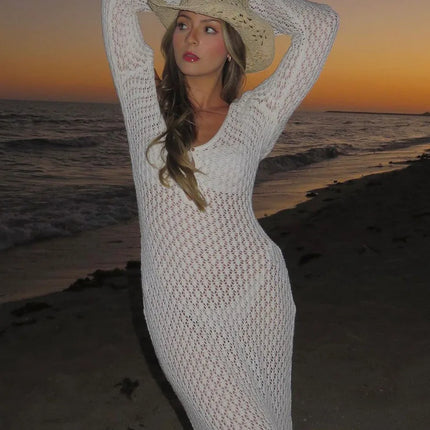 See-Through Deep V Knit Cover-Up – Sexy Backless Beach Dress