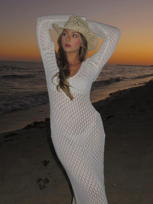 See-Through Deep V Knit Cover-Up – Sexy Backless Beach Dress