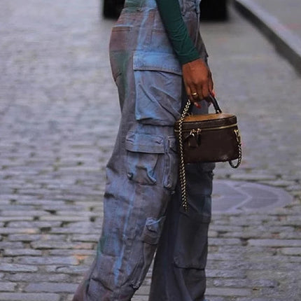 Vintage Women’s High-Waist Wide-Leg Cargo Jeans with Multi Pockets