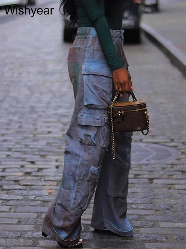 Vintage Women’s High-Waist Wide-Leg Cargo Jeans with Multi Pockets
