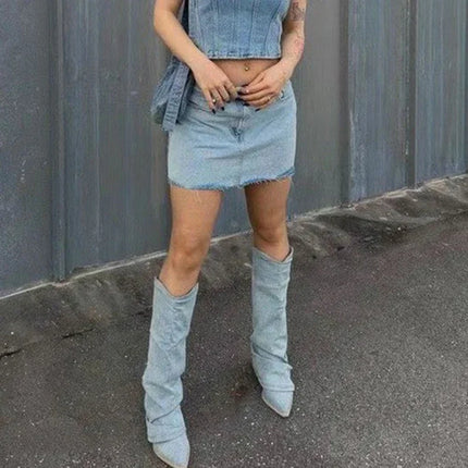 Women’s Blue Denim Thigh-High Cowboy Boots