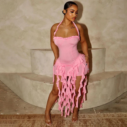 Hugcitar Ruffled Halter Backless Mini – Elegant Spring Dress
