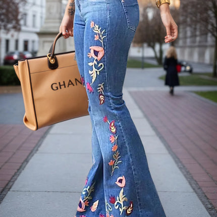 Women’s High-Waist Floral-Print Slim Flare Denim Jeans with Raw-Edge Hem