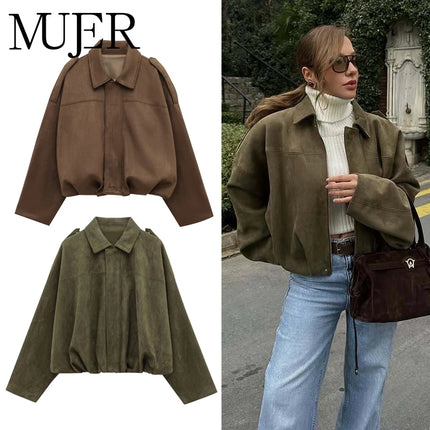 MUJER 2025 Oversized Suede Bomber – Padded Varsity Streetwear Coat