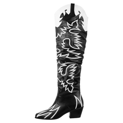 Onlymaker Women’s Wide-Calf Knee-High Embroidered Cowboy Boots