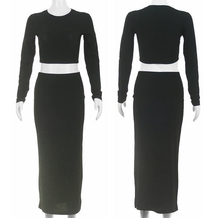 Slim Office 2PCS Set – Long Sleeve Crop Top & Mid-Calf Skirt