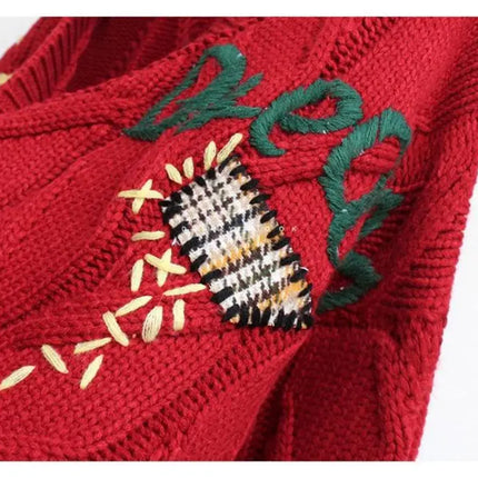 Women’s V-Neck Embroidered Patchwork Knit Cardigan