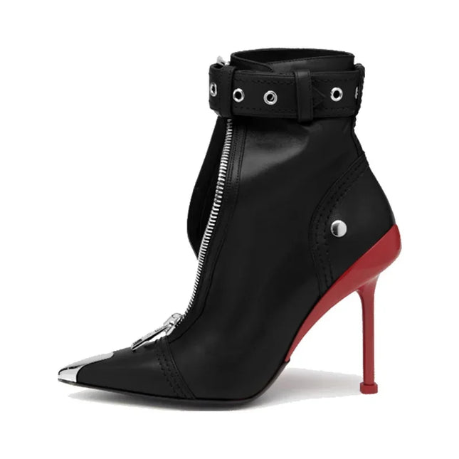 Women’s Red Pointed-Toe Ankle Boots with Buckle & Zipper