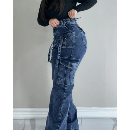 Women’s High-Waist Stretch Cargo Jeans with Multi-Pocket Design