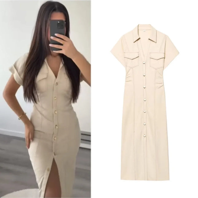 ETJ 2025 Denim Midi Dress – 1975 Retro Slim Fit with Lapel