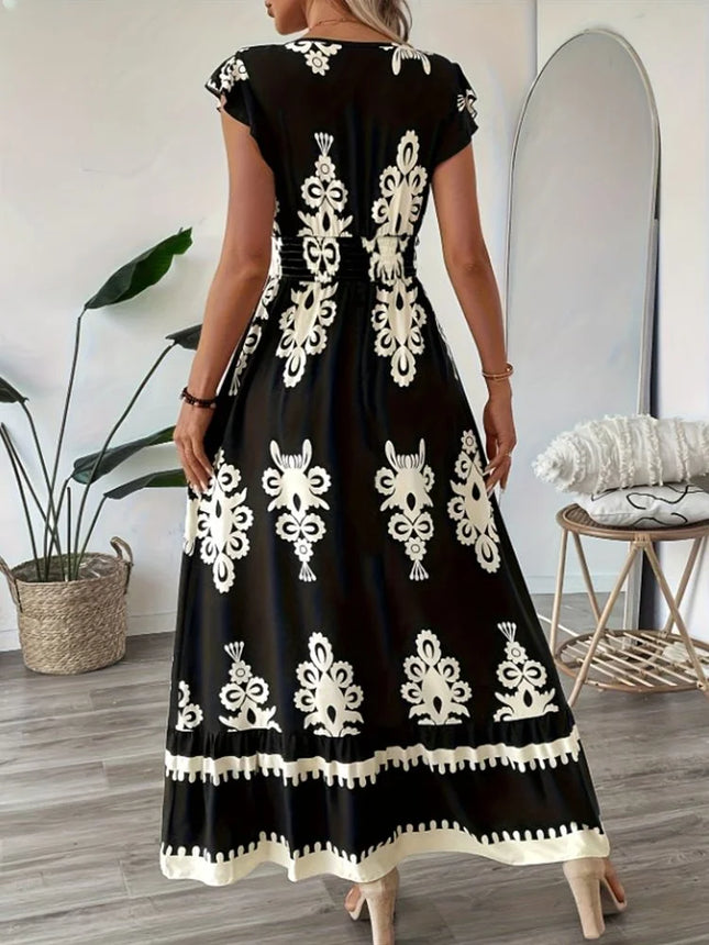 Elegant V-Neck Floral Geometric Dress – Vacation & Beachwear