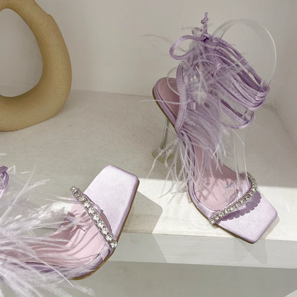 Eilyken Women’s Fuzzy Feather Transparent High-Heel Sandals